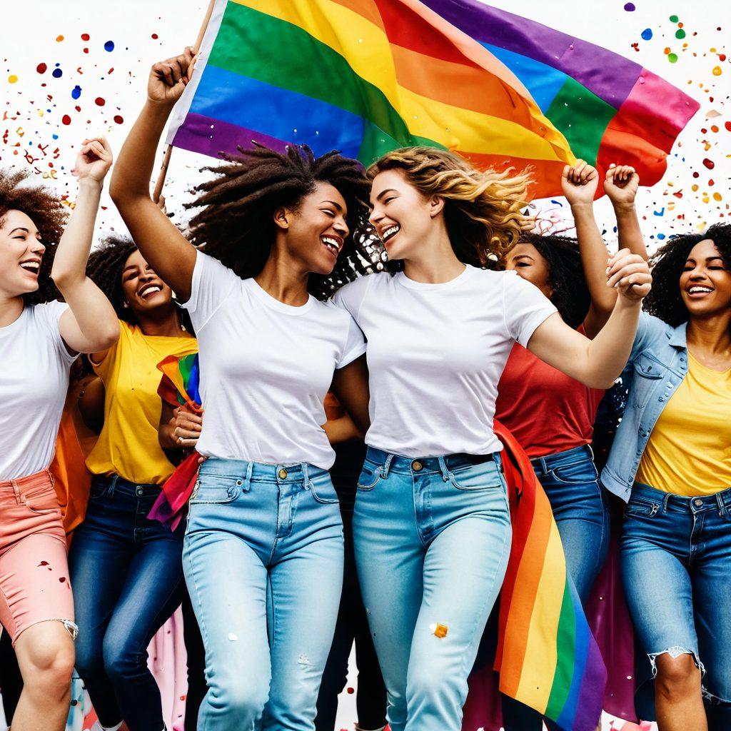 A vibrant celebration of lesbian culture showcasing diverse women joyfully dancing together under a rainbow flag, surrounded by blooming flowers and colorful confetti. The atmosphere is filled with empowerment, love, and unity, with each woman expressing her individuality through unique clothing and hairstyles. Bright, uplifting colors radiate warmth and happiness. super-realistic. vibrant colors. white background.
