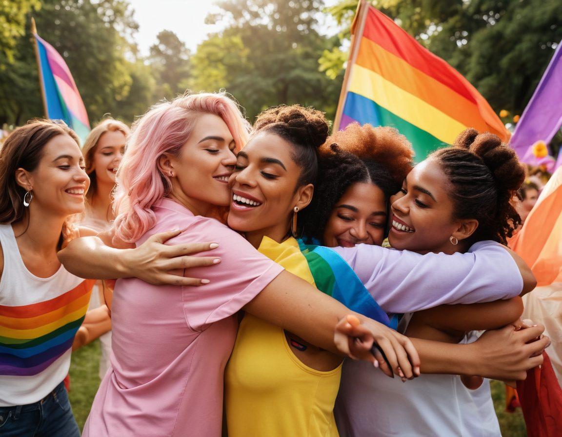 A colorful gathering of diverse women celebrating their identities in a park, embracing each other with joy and love. Surrounding them are symbols of the LGBTQIA community, such as rainbow flags and flowers, creating an atmosphere of unity and support. The scene captures warmth and camaraderie among the group, showcasing the strength and empowerment of sisterhood. pastel colors. vibrant and warm lighting. 3D.