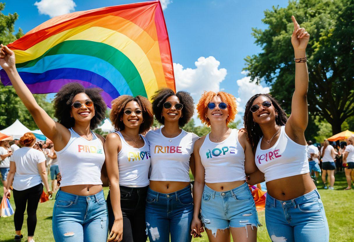A vibrant and empowering scene of a diverse group of lesbian individuals celebrating pride in a colorful park filled with rainbow flags and flowers, expressing joy and acceptance. The background features a sunny sky with fluffy clouds, symbolizing freedom and hope. Incorporate elements like art installations reflecting self-expression, and individuals wearing creative, colorful outfits. super-realistic. vibrant colors. celebration atmosphere.